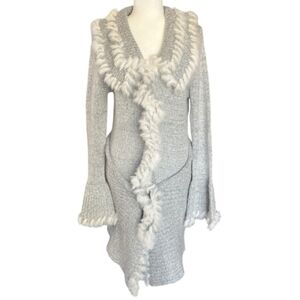 Tempo Paris Gray Cardigan with White Fur Trim